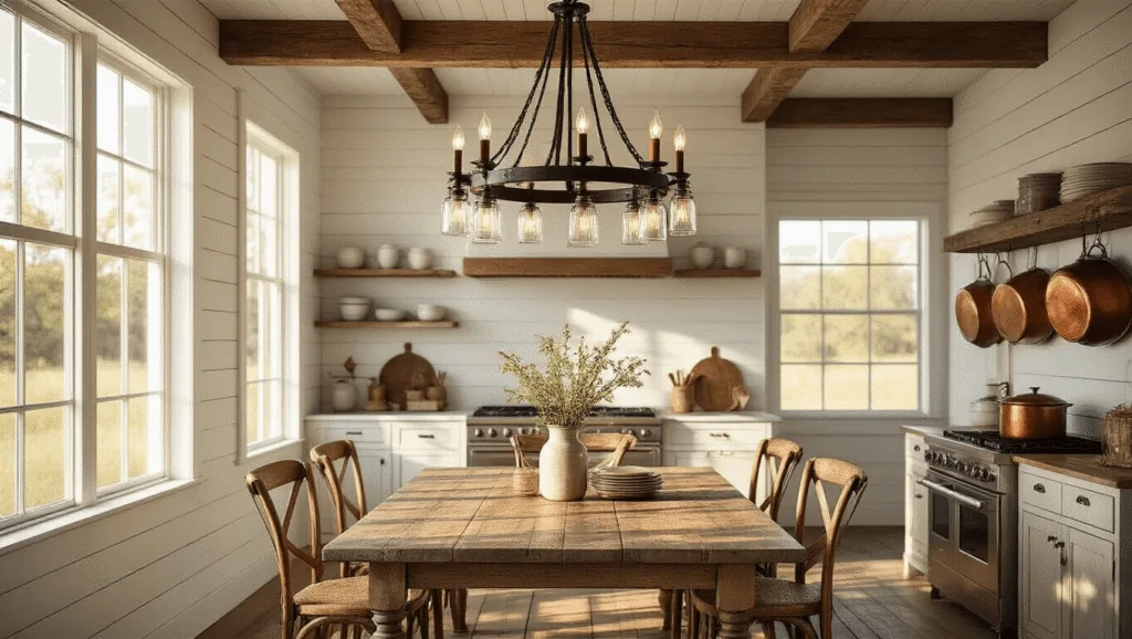 "Sunlit farmhouse kitchen-dining area with rustic chandelier, distressed wood table, and vintage enamelware"