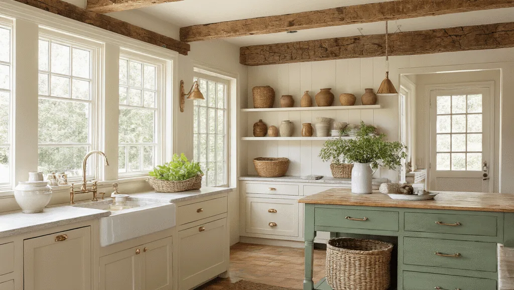 "Cream kitchen interior with sage green island, exposed wooden beams, morning sunshine through windows, vintage brass hardware, woven baskets, ceramic pots, and fresh herbs on open shelves, creating a warm and inviting mood."
