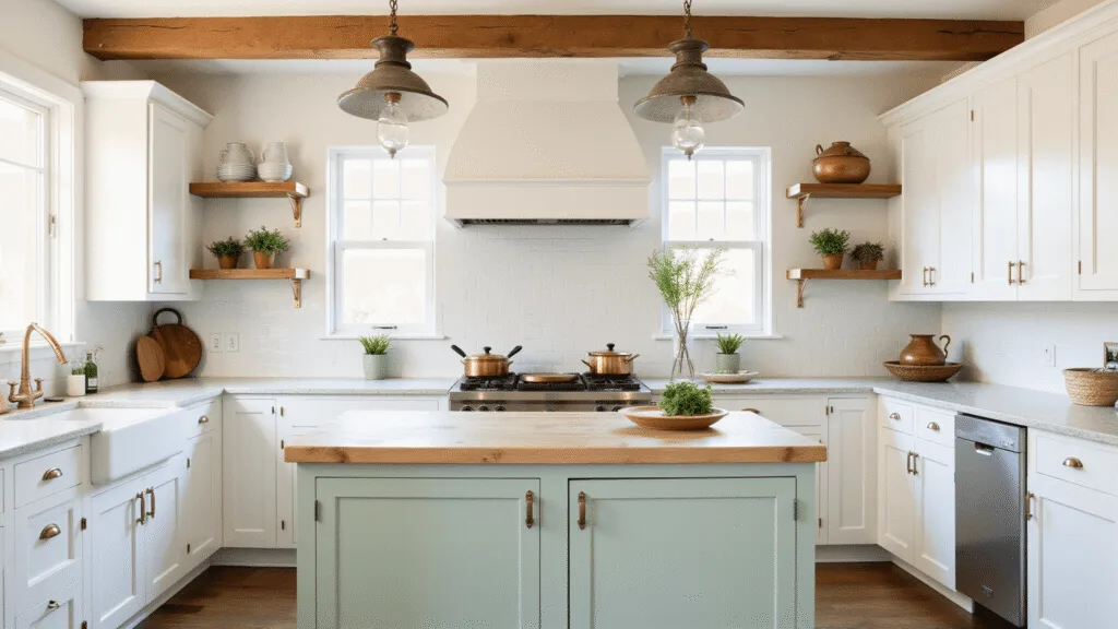 "White farmhouse kitchen with sage green island, shaker cabinets, and vintage details in morning light"