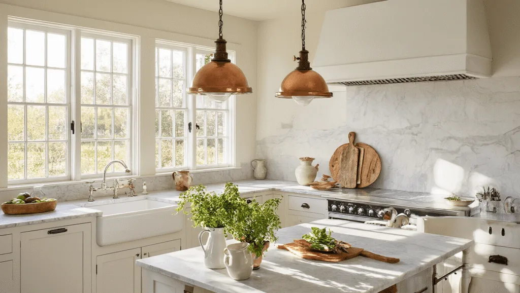 "Warm sunlight streaming through windows in farmhouse kitchen with white shaker cabinets, marble counters, vintage copper pendants, wooden cutting boards, ceramic pitchers, and fresh herbs on clean marble surface"