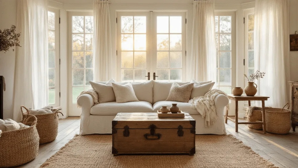 "Farmhouse living room with warm sunlight through French doors, a cream sofa, wood coffee table, vintage elements and cozy ambiance"