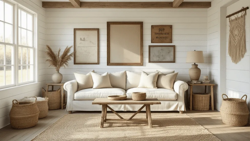 "Sunlit farmhouse living room with white shiplap walls, vintage gallery wall, neutral linen sofa, woven baskets, and macramé decorations on a cream background"