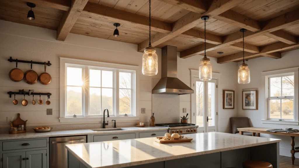 "Rustic farmhouse kitchen with mason jar pendant lights, marble island, shiplap walls, and wrought iron fixtures surrounded by golden hour sunlight"