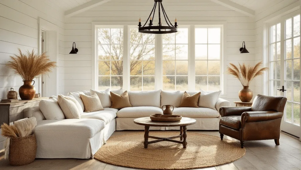 "Cozy farmhouse living room with whitewashed walls, cream linen sofa, vintage leather armchair, and jute rug under natural light"