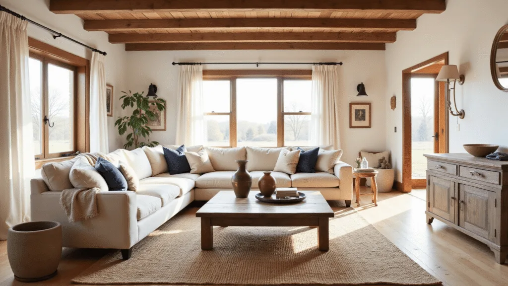 "Rustic farmhouse living room with cream linen sofa, exposed wooden beams, vintage accessories, and warm golden hour lighting"