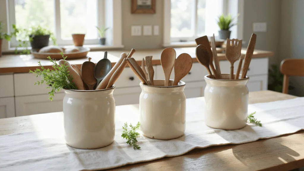 "Vintage farmhouse kitchen with ceramic utensil holders filled with wooden and copper utensils on a rustic wooden island"