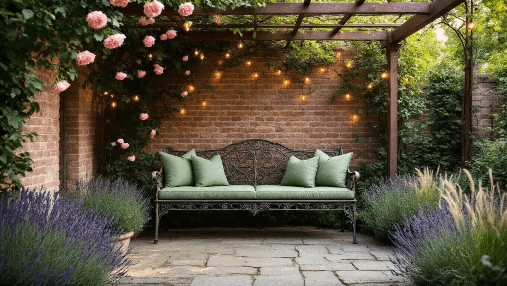 "Tranquil secret garden nook with weathered bench, climbing roses on a copper pergola, and soft string lights"