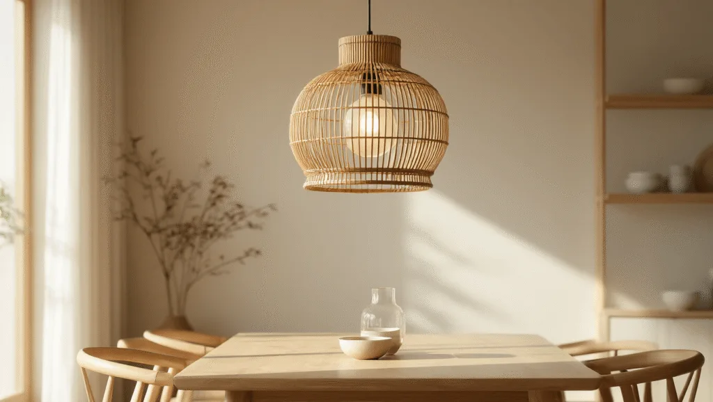 "Japandi-style bamboo and glass pendant light hanging over a wooden dining table in a minimalist interior with warm neutral tones"