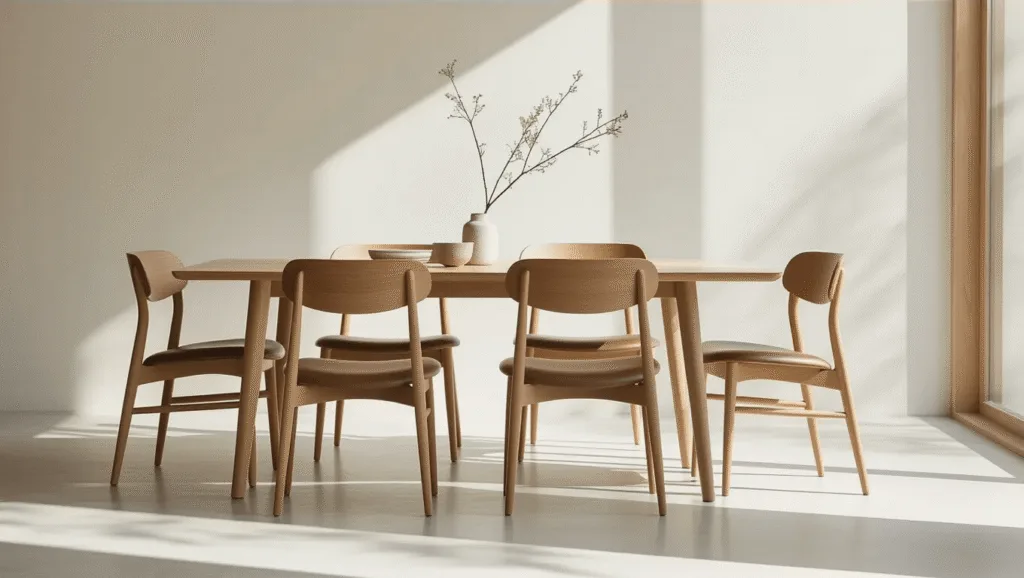 "Japandi-style dining chairs in minimalist sunlit room with neutral tones and white background"