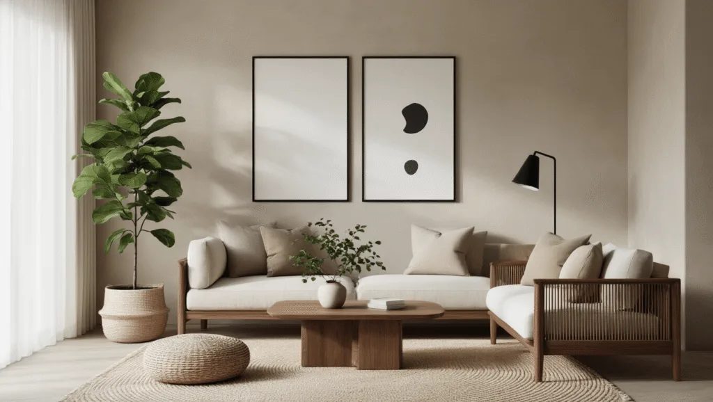 "Minimalist Japandi-style living room with walnut furniture, beige walls, black artwork, and fiddle leaf fig during golden hour."