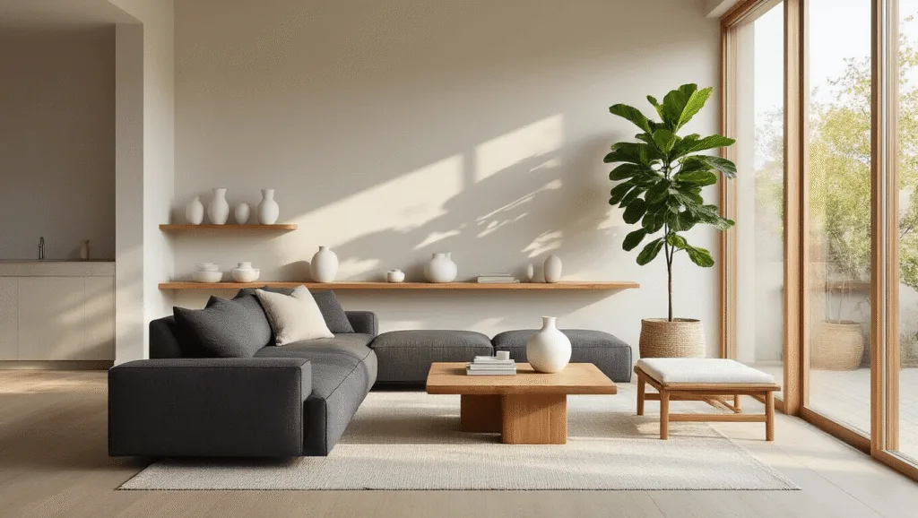 "Minimalist Japandi-style living room with natural light, wooden furniture, and greenery"
