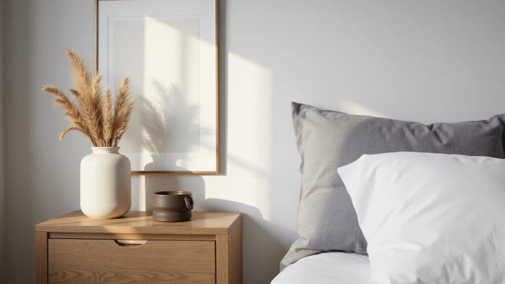 "Japandi-style oak wood nightstand in a minimalist bedroom with grey walls, a ceramic vase with dried pampas grass, brass accents, and natural morning light."
