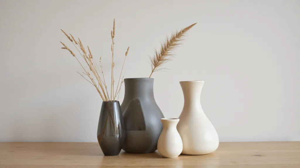 "Three Japandi vases of different materials and sizes on a light oak surface with a single pampas grass stem in each, illuminated by soft natural light"