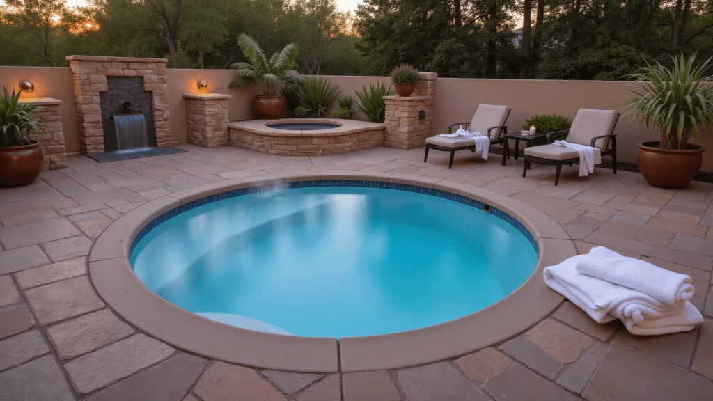 "Luxurious sunken hot tub with modern deck furniture, surrounded by stone pavers and tropical plants at sunset"