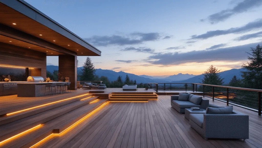 "Multi-level cedar deck with modern furniture, LED lighting, outdoor kitchen and mountain view at twilight."