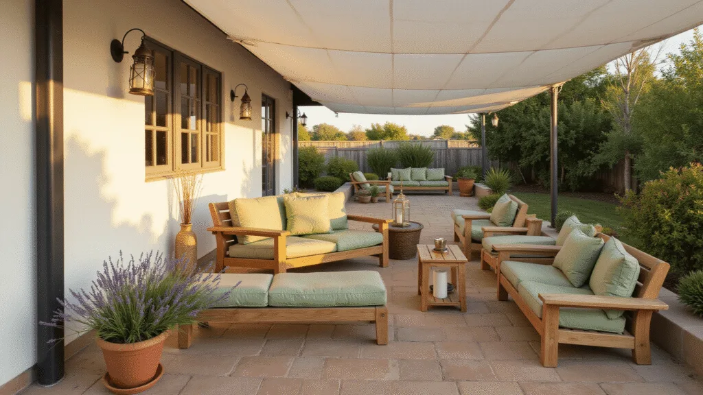 "Mediterranean patio at golden hour with teak furniture, sage green cushions, brass lanterns and potted lavender under a white canvas cover"