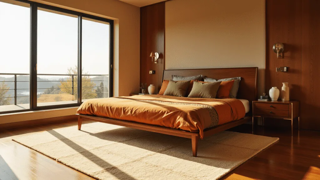 "Mid-century modern bedroom with terracotta and olive bedding, brass accents and ceramic vessels under sunlit golden hour"