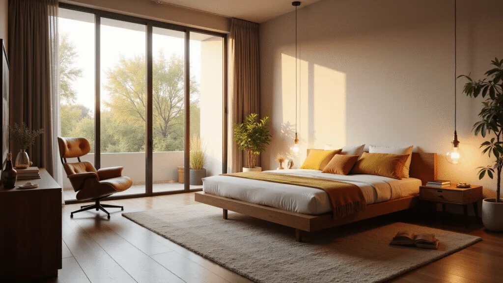 "Mid-century modern bedroom with walnut platform bed, brass geometric lighting, and Eames lounge chair in warm golden hour sunlight."