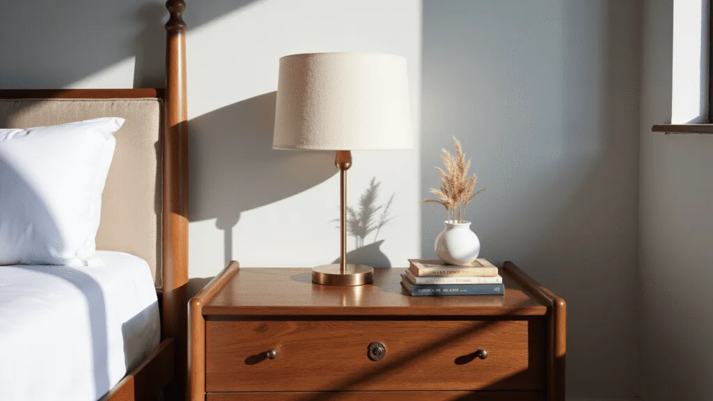 "Mid-century modern bedroom with walnut nightstand, brass lamp, vintage books, and ceramic vase with pampas grass in soft natural light."