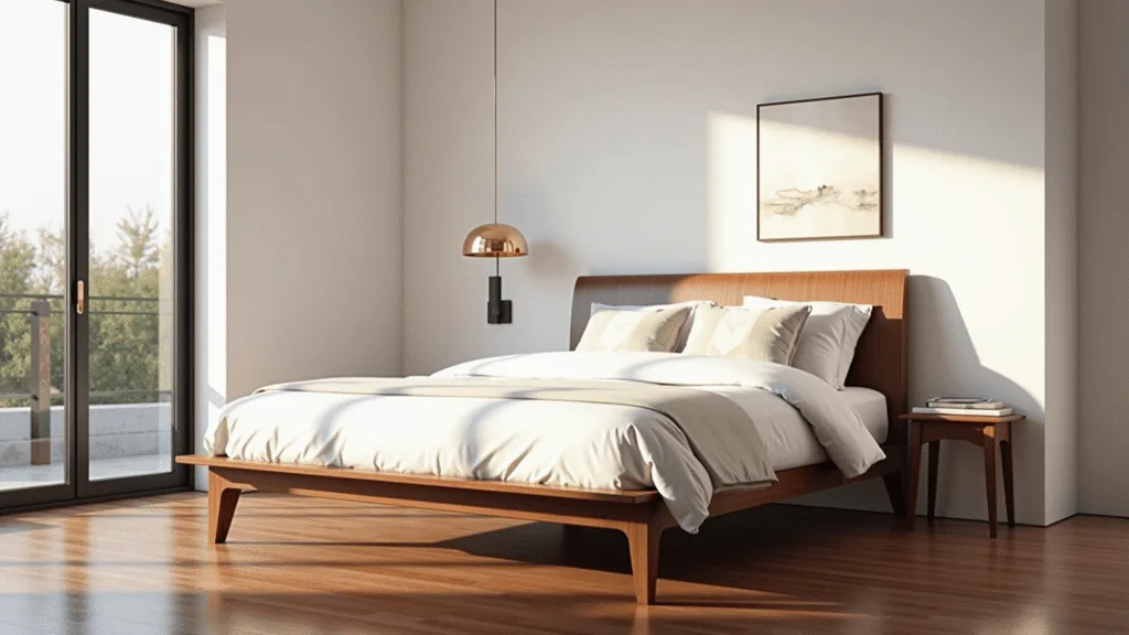 "Mid-century modern bedroom with walnut platform bed, white linens, and sunlight streaming through windows"