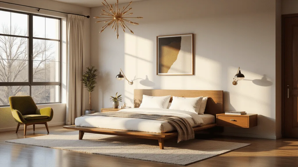 "Mid-century modern bedroom with walnut bed, white linens, brass accents, Sputnik chandelier, olive velvet chair, and sunlight streaming through windows"