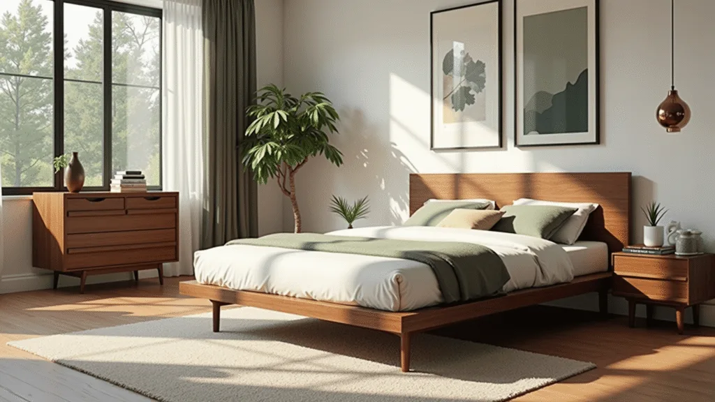 "Spacious mid-century modern bedroom with walnut platform bed, brass-accented nightstands, Danish modern dresser, and geometric artwork in natural light."