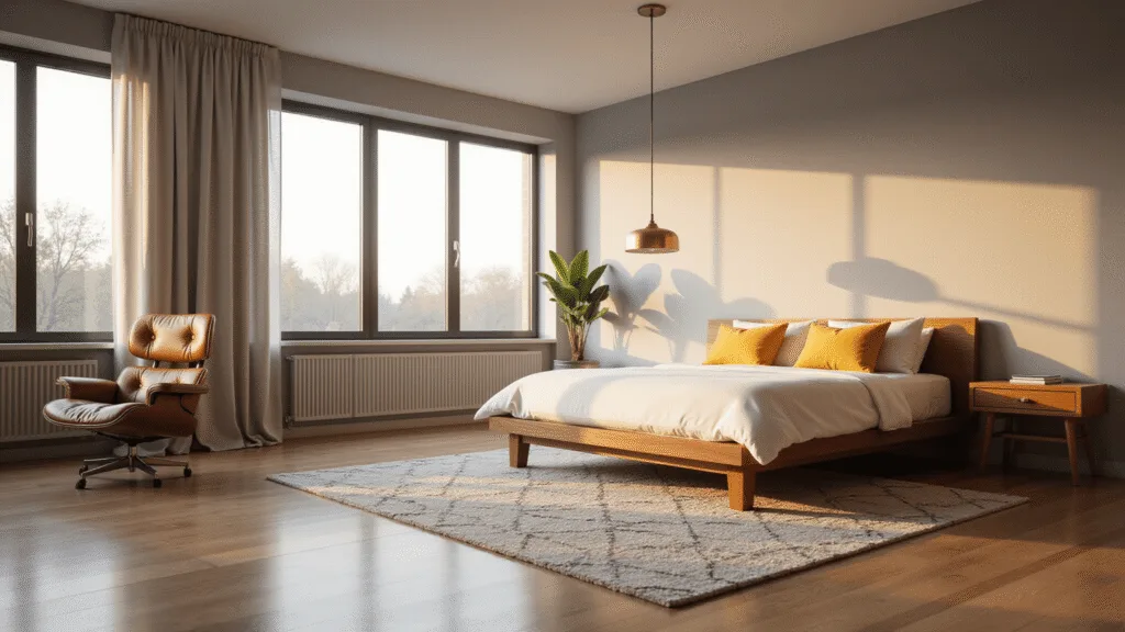 "Mid-century modern bedroom with walnut platform bed, Eames lounge chair, brass lighting and geometric rug in warm tones and natural sunlight"