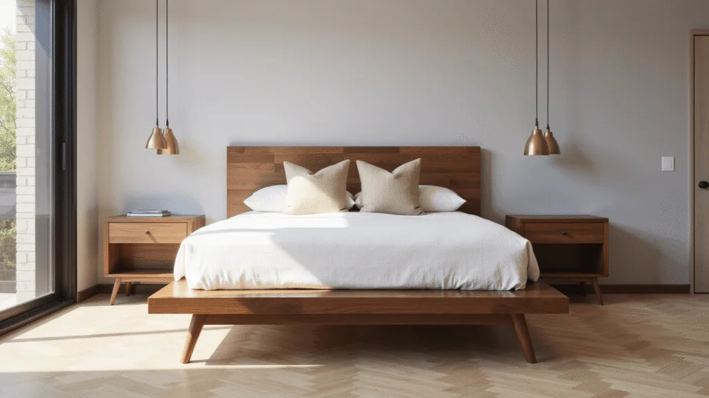 "Mid-century modern bedroom with a walnut platform bed, brass accent pillows, and natural morning light streaming through floor-to-ceiling windows"