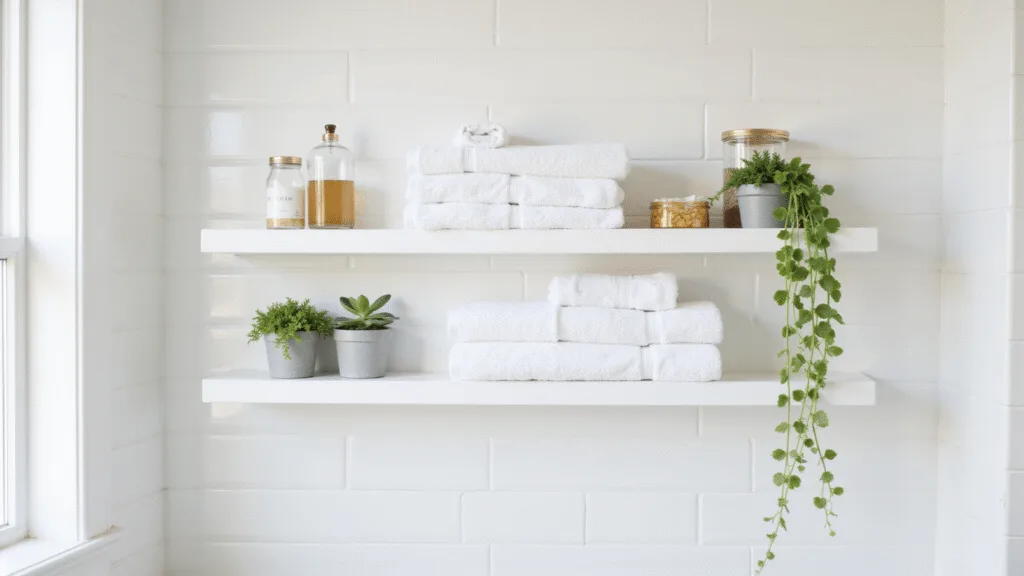 "Minimalist bathroom with floating shelves, white towels, potted succulents, and brass accents creating a calming, spa-like ambiance"