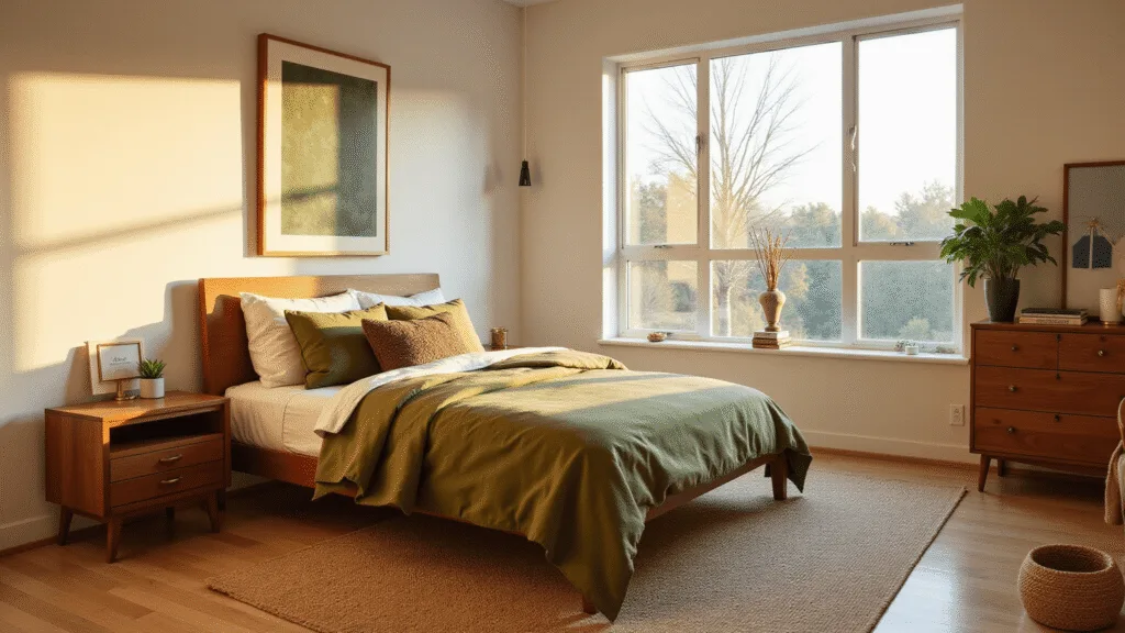 "Mid-century modern bedroom with olive green bedding, walnut furniture, brass accents, and sunlight streaming through windows during golden hour"