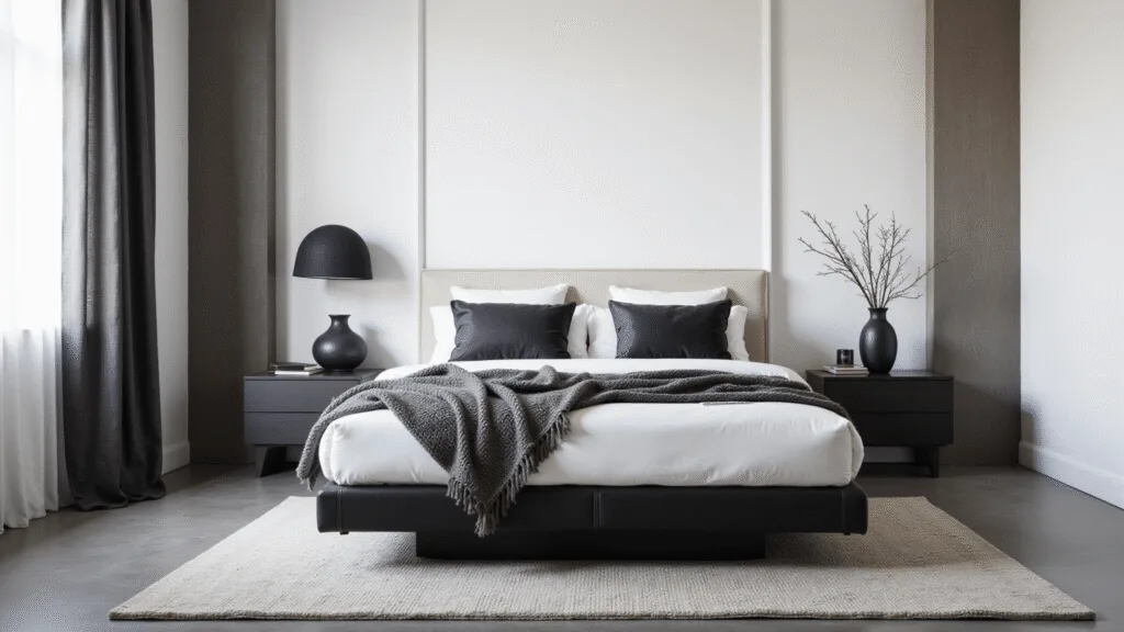 "Serene modern bedroom with king-size bed, charcoal velvet pillows, black leather accents, and filtered morning light"