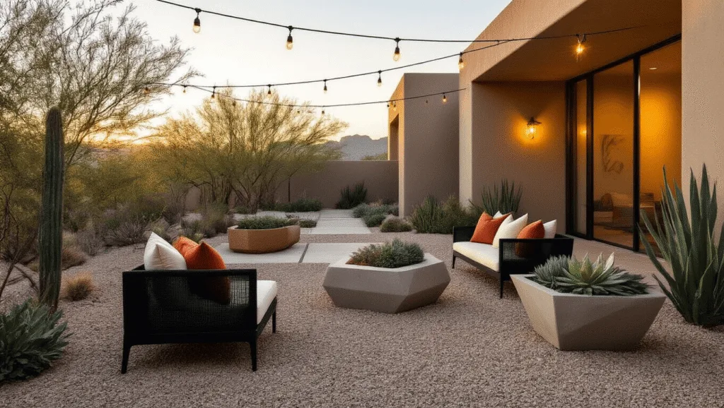 "Modern desert patio with gravel ground, black loveseat, geometric concrete planters with succulents, and string lights during golden hour"
