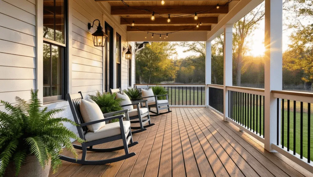 "Farmhouse-style deck with cedar decking, white railings, gray rocking chairs and warm golden hour sunlight"