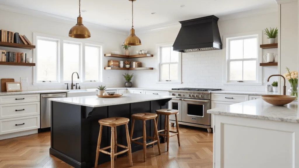 "Sunlit modern farmhouse kitchen with white shaker cabinets, black island, brass pendant lights, vintage cookbooks, and herringbone oak floors"
