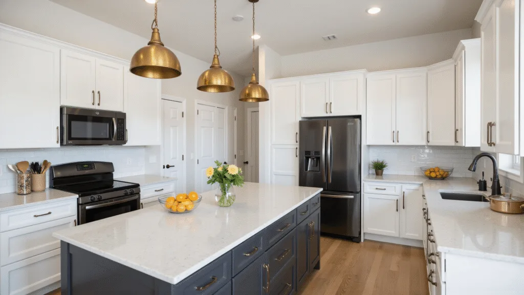 "Modern kitchen with black stainless steel appliances, white shaker cabinets, brass pendant lights, a marble island, and quartzite countertops styled with fresh citrus, copper cookware, and potted herbs"
