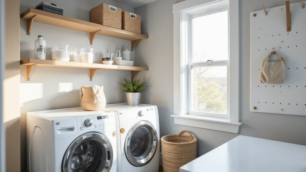 "Modern small laundry room with white machines, floating shelves, and pegboard organization system, bathed in natural sunlight"