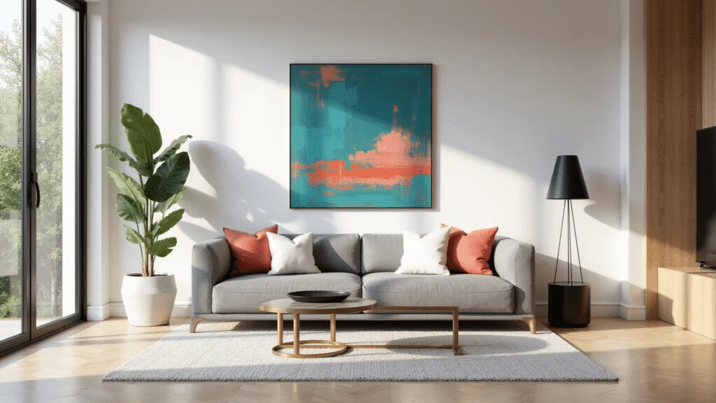 "Modern sunlit living room with large abstract art above gray sofa, brass coffee table, and a fiddle leaf fig plant"