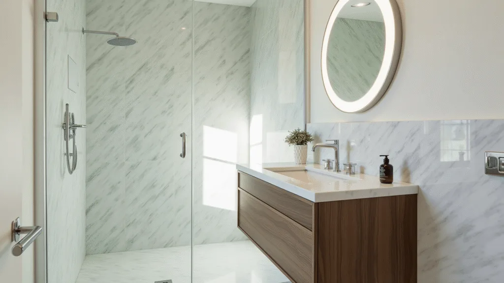 "Minimalist bathroom with morning sunlight filtering through frosted window, marble tiles, and chrome fixtures"