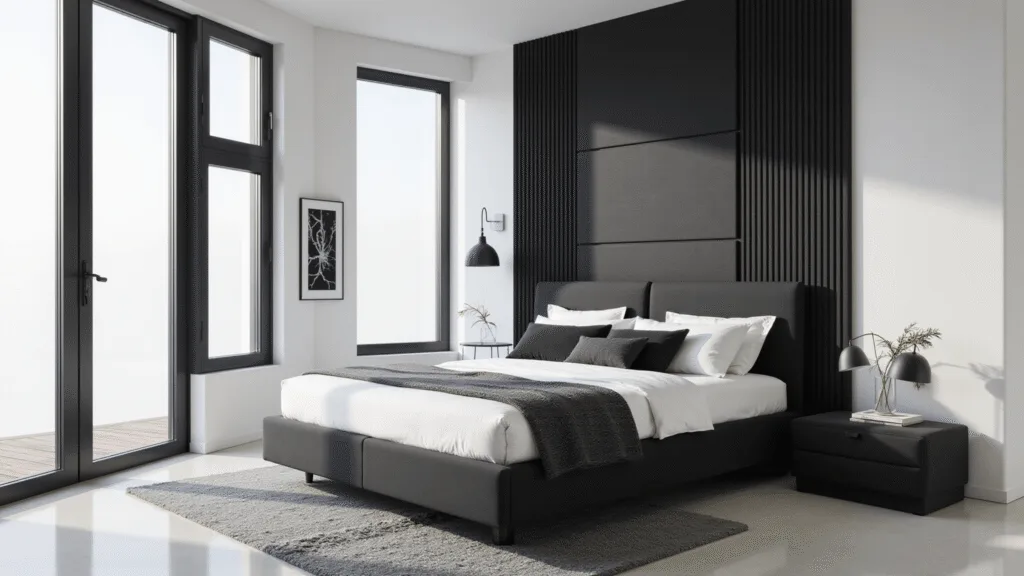 "Modern minimalist bedroom with black platform bed, geometric patterns, floor-to-ceiling windows, and matte finishes"