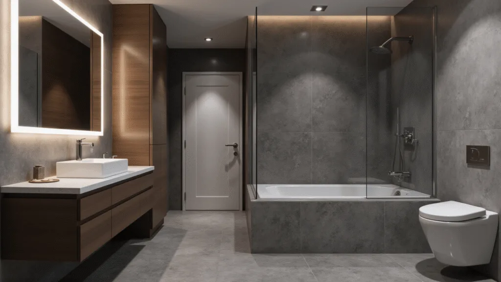 Modern minimalist bathroom with floating walnut vanity, smoke gray marble tiles, backlit LED mirror, frameless glass shower enclosure, and brushed nickel fixtures in soft ambient light.