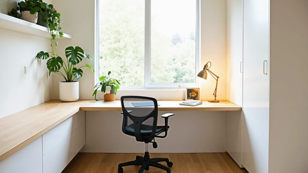 "Modern home office with floating desk, ergonomic chair, minimalist decor, and natural sunlight."