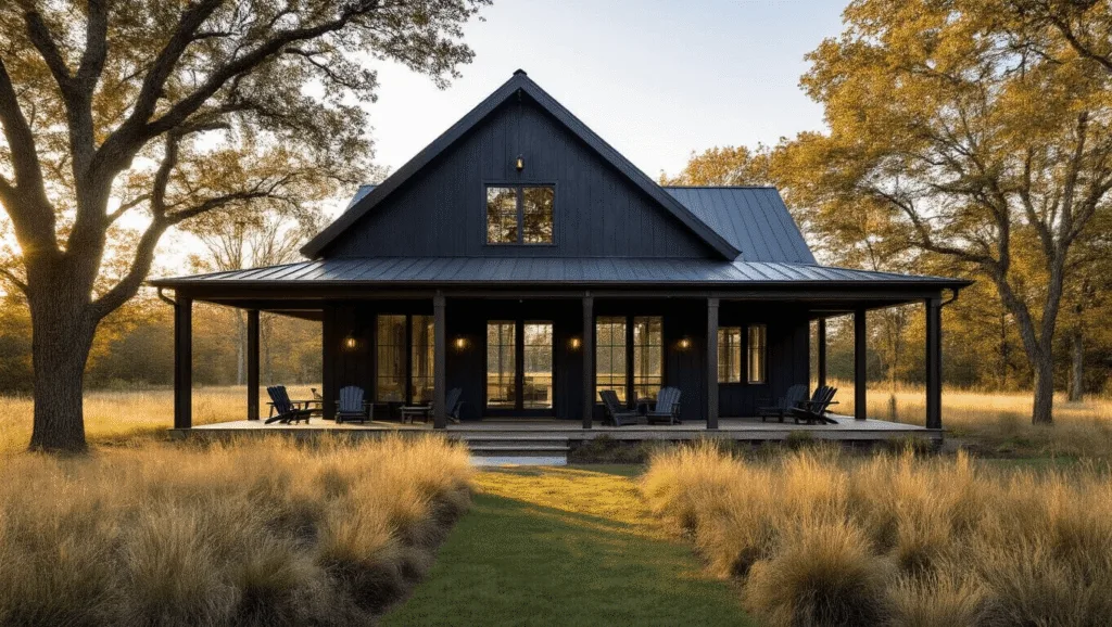 "Exterior view of a modern rustic barn house with charcoal wood siding, gabled roof and wraparound porch during golden hour"