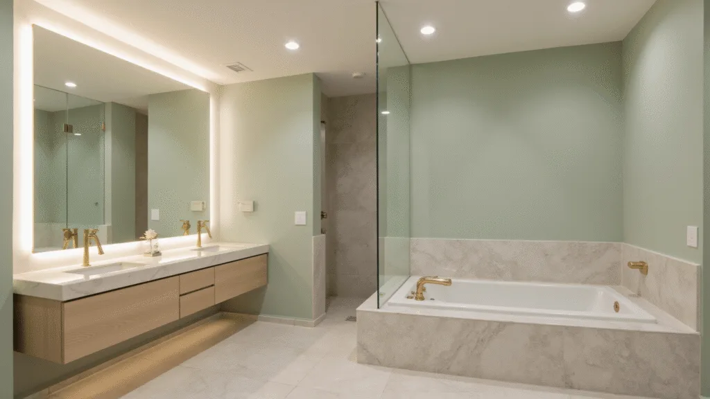 "Modern and elegant windowless bathroom with sage walls, floating vanity, brass fixtures, marble tiles, and glass shower, illuminated by layered lighting."
