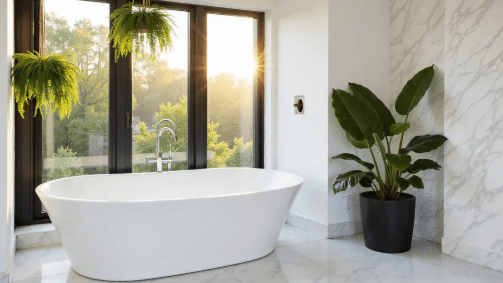 "Modern spa bathroom with white marble tub and walls, hanging Boston ferns, and potted Monstera, bathed in golden-hour sunlight"