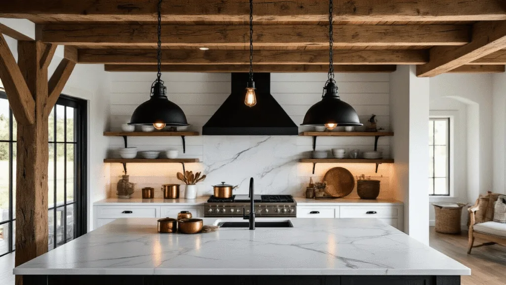 "Moody interior of a farmhouse kitchen with black pendant lights, wooden beams, marble countertops, and warm ambient glow."