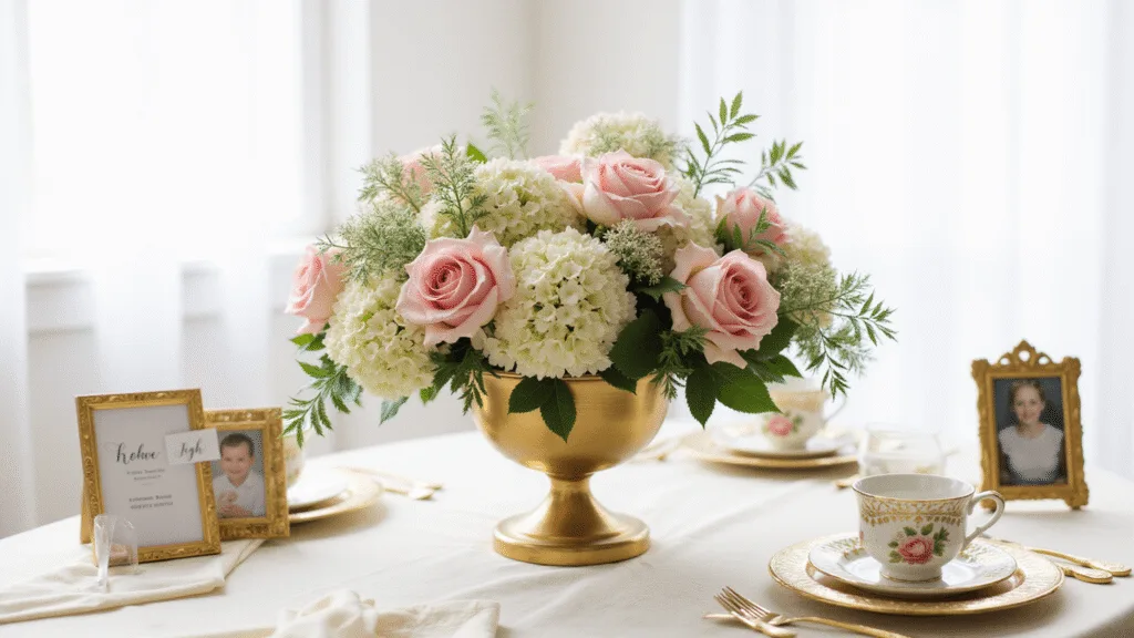 "Elegant Mother's Day table setup with blush pink floral centerpiece, gold accents, cream tablecloth, vintage frames, and soft natural light."