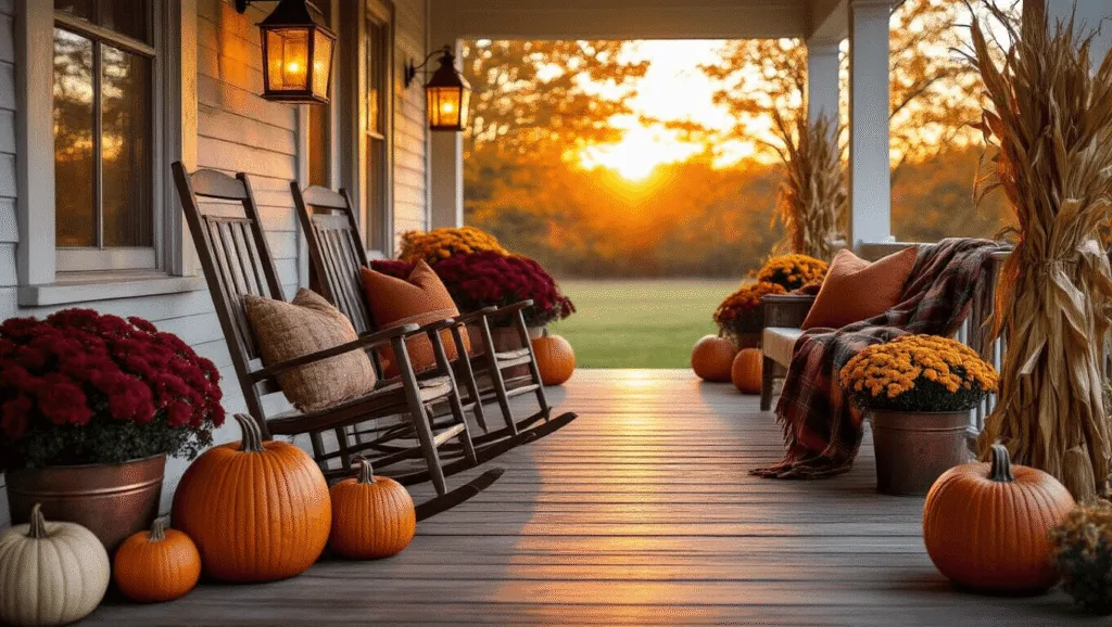 "Rustic farmhouse porch with rocking chairs, pumpkins, mums, cornstalks and lanterns bathed in a warm autumn sunset light"