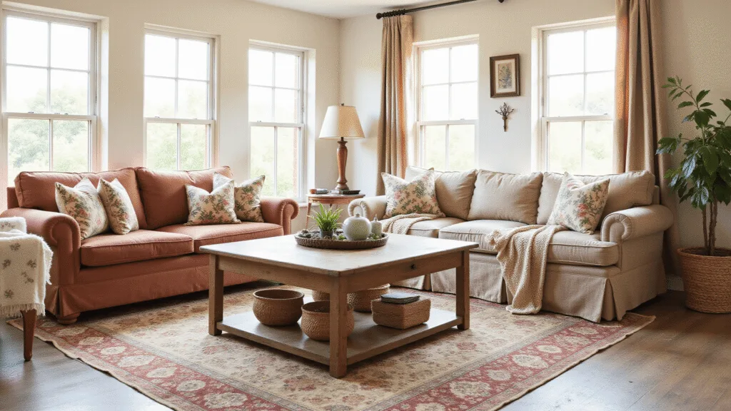 Rustic farmhouse living room bathed in golden hour light with weathered wood furniture, vintage floral textiles, handwoven baskets, botanical prints, and warm earth tones on a white background.