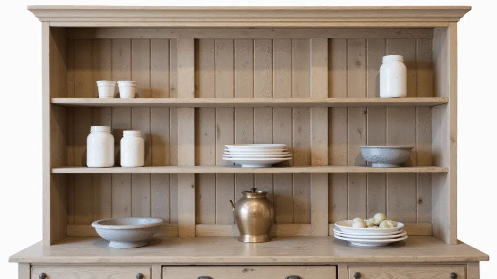 "Rustic farmhouse hutch made of weathered wood, adorned with vintage mason jars, ironstone and copper vessels under soft natural light casting warm tones"
