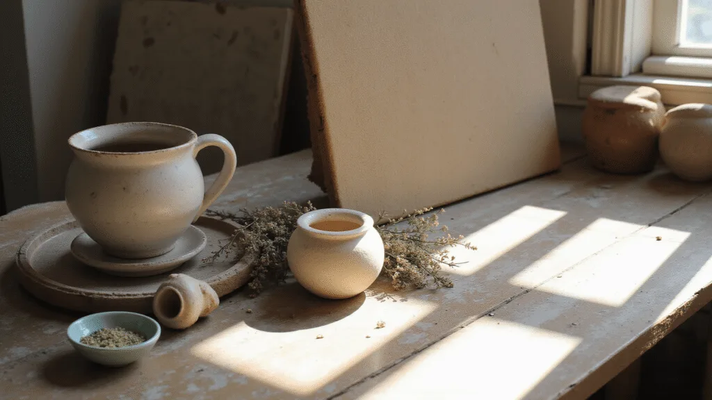 "Wabi-sabi art studio featuring rustic pottery, textured canvas, dried flowers on a weathered wooden table with natural pigments, lit by warm sunlight"